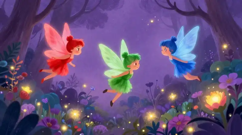 Three color fairies protecting Aurora in a whimsical garden