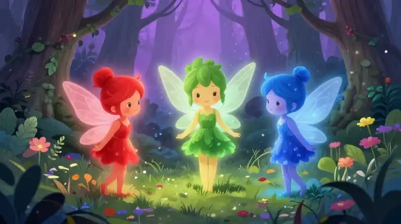 Triad of colored fairies in a magical purple forest