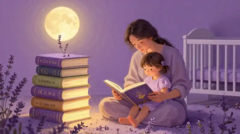 Consistent bedtime routine story illustration in a magical purple nursery
