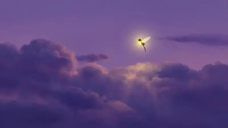 Magical purple light settling in cozy bedtime scene