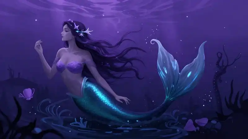 Mermaid and siren figures representing duality in a whimsical underwater scene