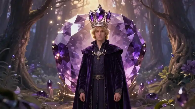 Royal character facing a moral challenge in a whimsical purple forest