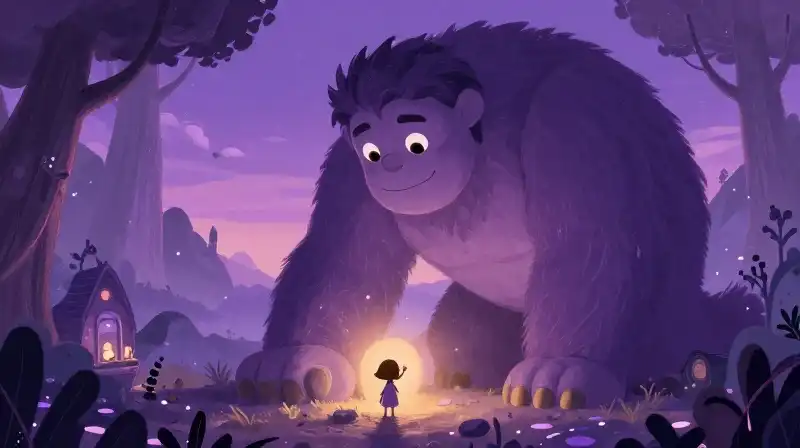 Giant and small hero in a magical purple folk tale landscape