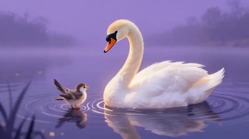 Swan transformation, magical purple pond, whimsical storybook art