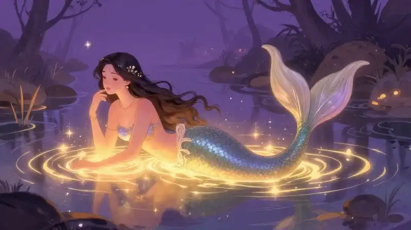 Powerful mermaid goddess transformation in a storybook setting