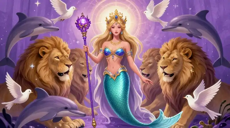 Mythical mermaid goddess seated among lions and doves