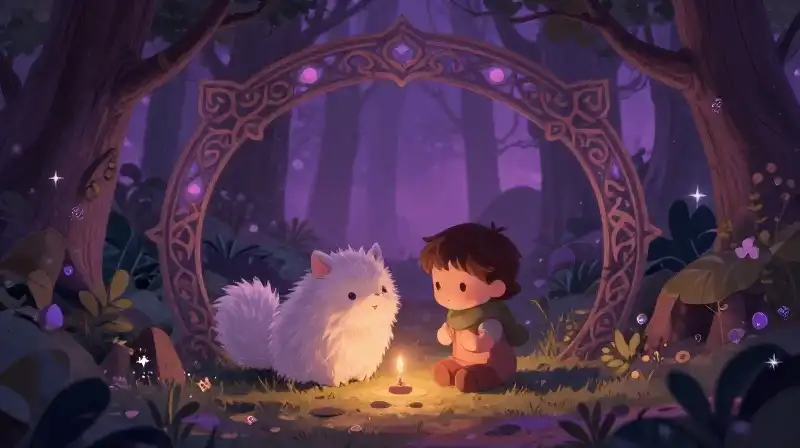 Heroine shows empathy to a forest animal with magic symbols