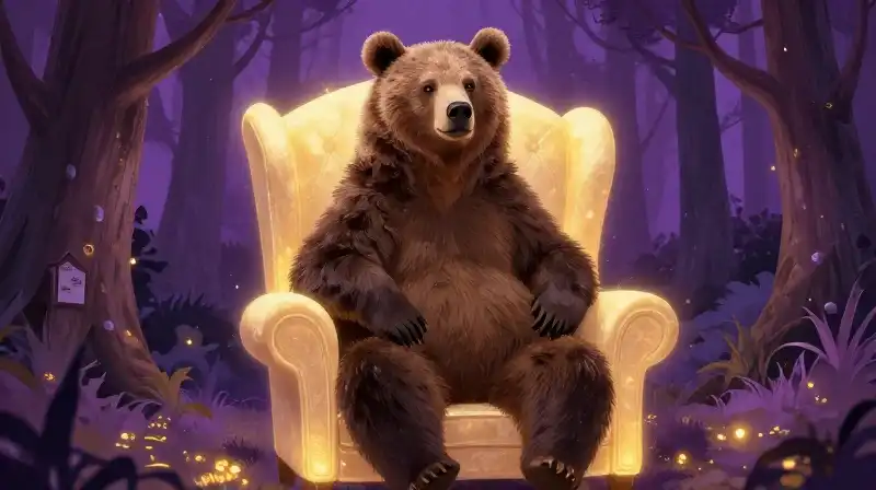 Wild bear meeting domestic coziness in a magical purple forest
