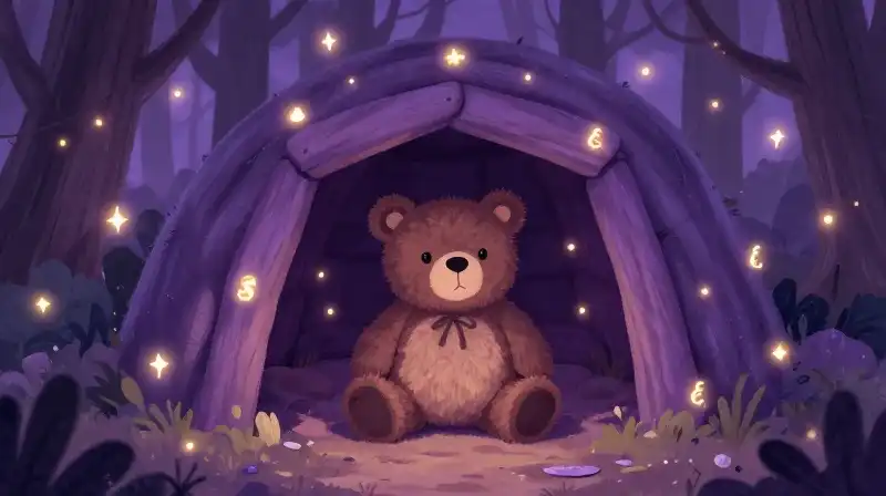 A gentle bear rests in a whimsical, purple symbolic den