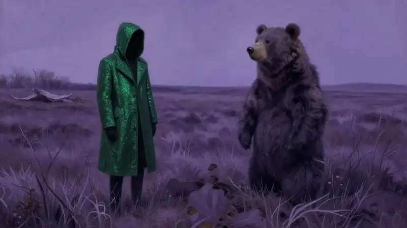 Whimsical storybook illustration of a figure meeting a mystical coat