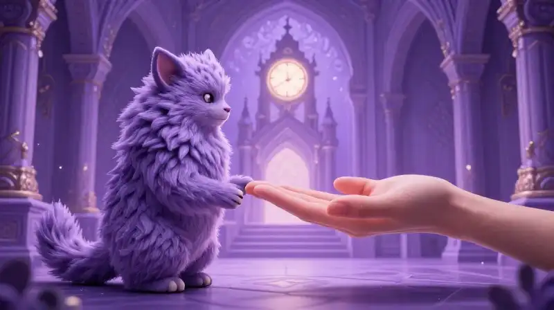 Beast transforming through tender care in a whimsical purple castle