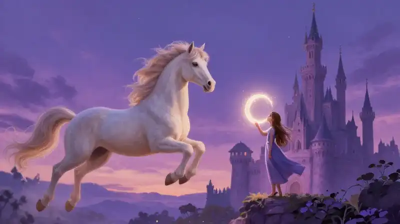 Girl arrives at a magical purple castle on a flying horse
