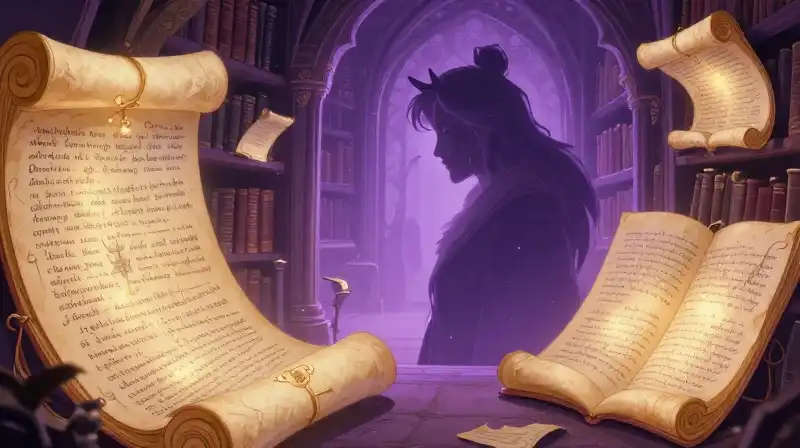 Storybook scene of ancient scrolls and a gentle beast emerging