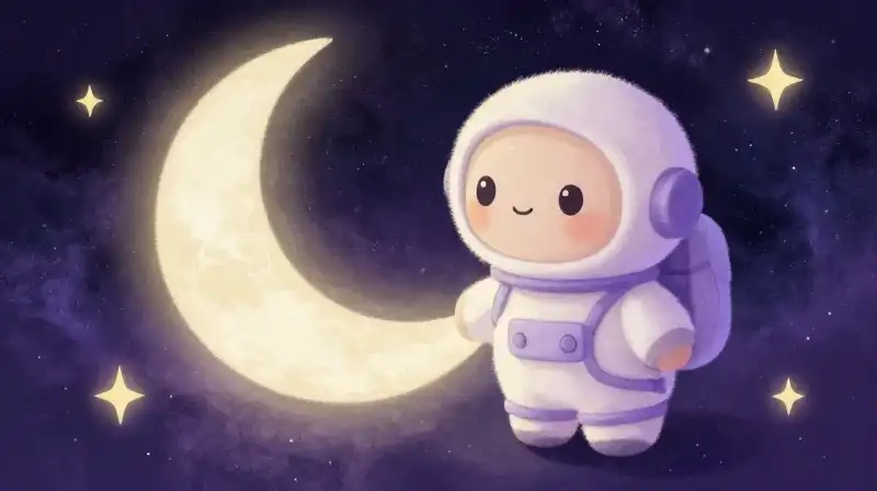 Gentle whimsical space quest illustration with lavender nebula