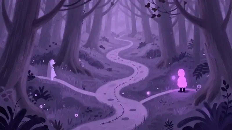 Gentle guide choosing a story path in a magical forest