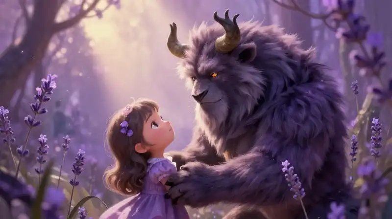 Belle healing the wounded Beast in a magical castle