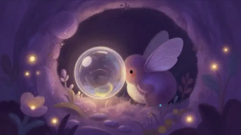 Introspective creature observing tranquil scene in magical purple storybook