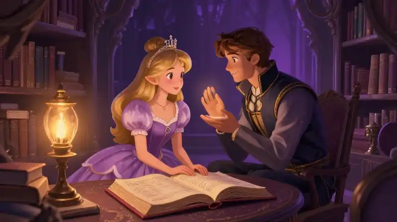 Romantic quest illustration in a purple storybook setting