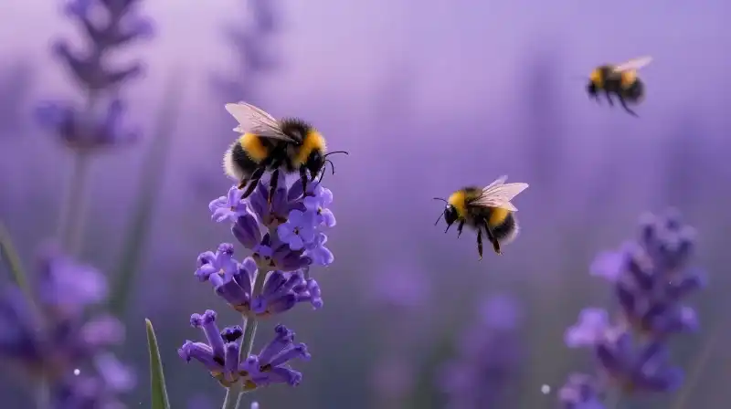 Friendly bee near glowing flower in magical purple twilight meadow