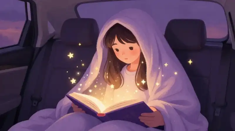Cozy bedtime story in a magical purple car, intimate narrative scene