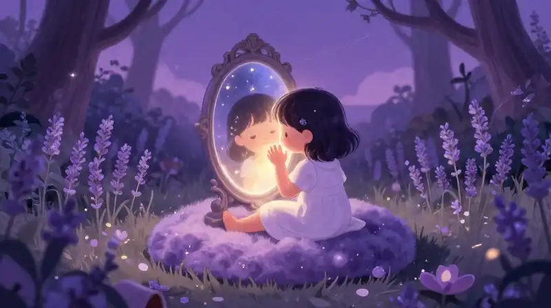 Child immersed in magical purple twilight garden setting