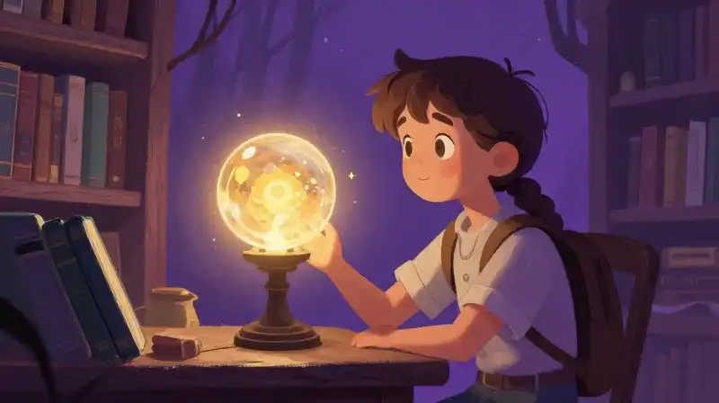 Child contemplating a magical quest in a dreamy purple library