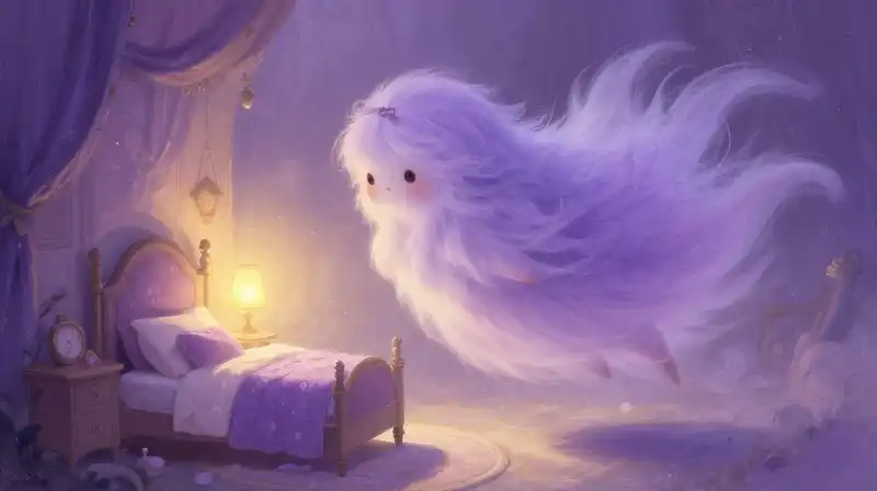 Gentle purple mist spirit above enchanted cozy bedroom illustration