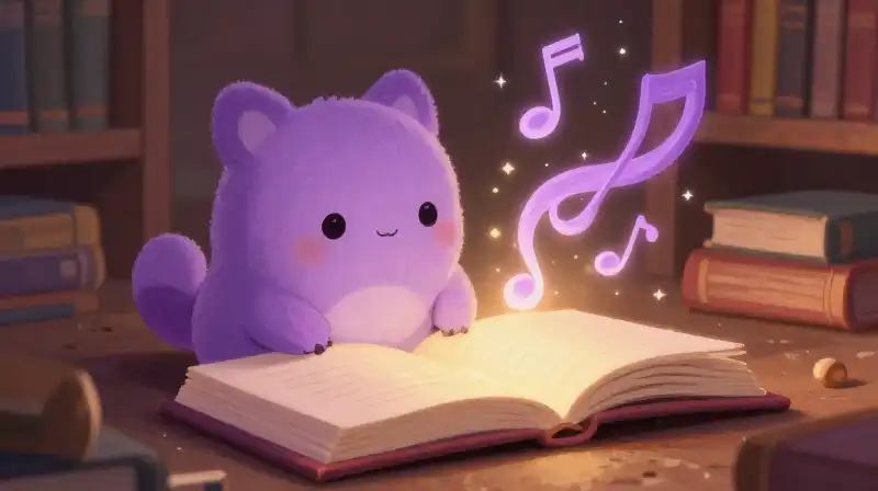 Whimsical creature learning sounds from a magical rhyming book