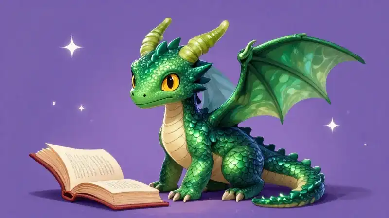 Small gentle green dragon character portrait in whimsical setting