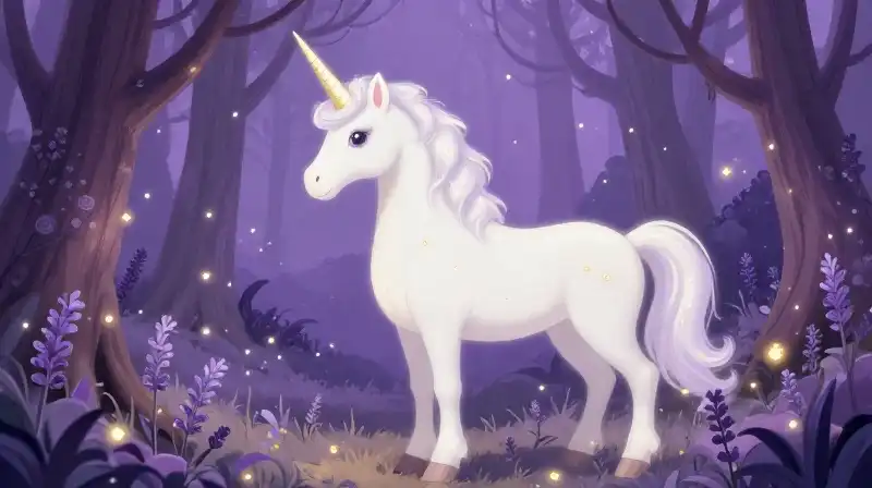 Pure unicorn standing in magical purple twilight forest