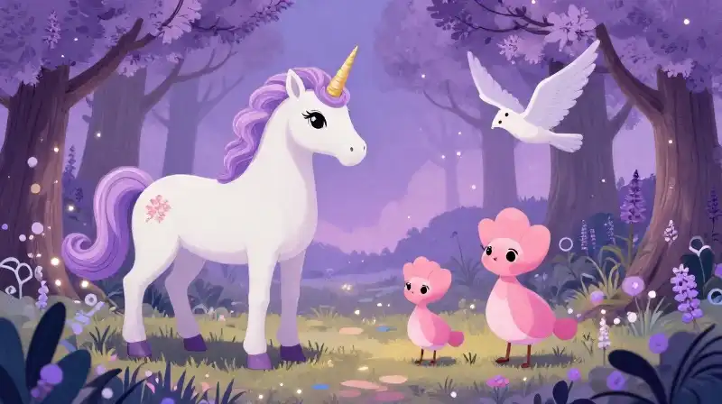 Magical friends and unicorn flying over enchanted purple forest