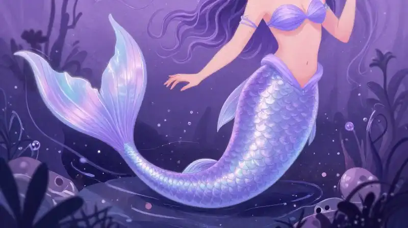 Classical mermaid with human torso in a magical purple grotto