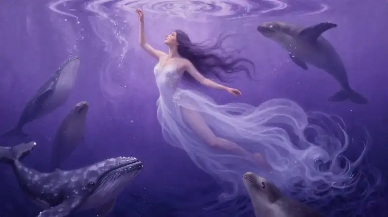 Mythical sea goddess Sedna among glowing Arctic whales and marine life