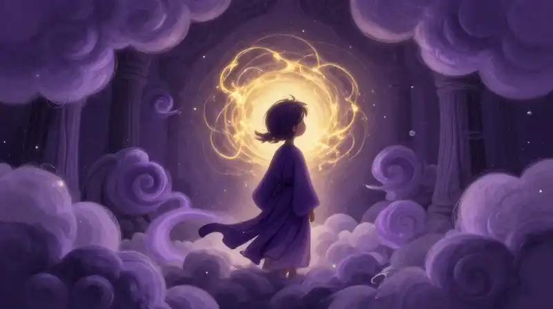 Child finds peace in a swirling field of purple starlight