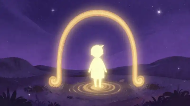 Gentle figure and golden arch in purple storybook