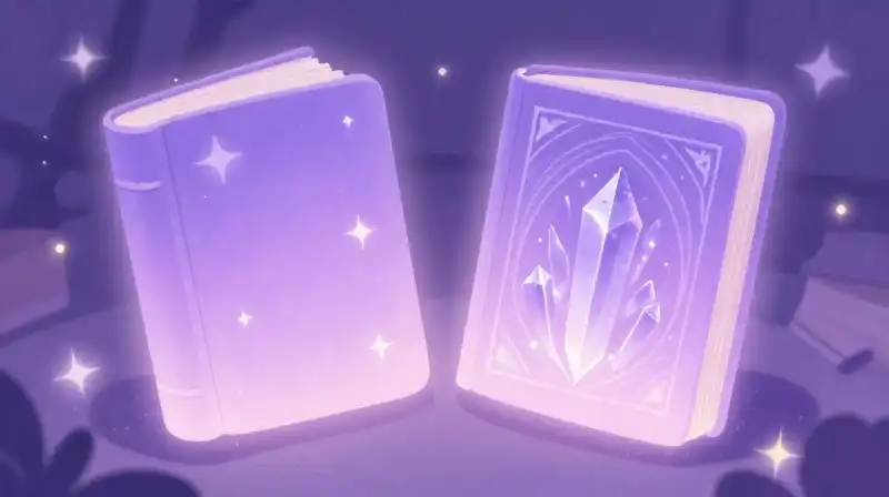 Two magical volumes representing varying narrative complexity in purple