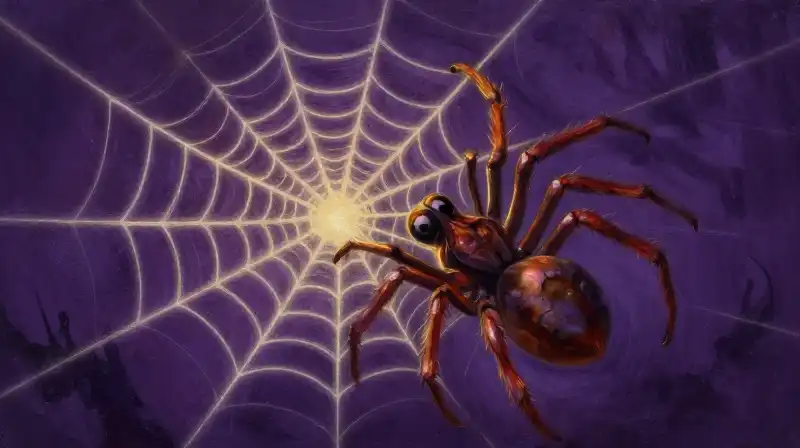 Clever spider Anansi in a whimsical purple web setting