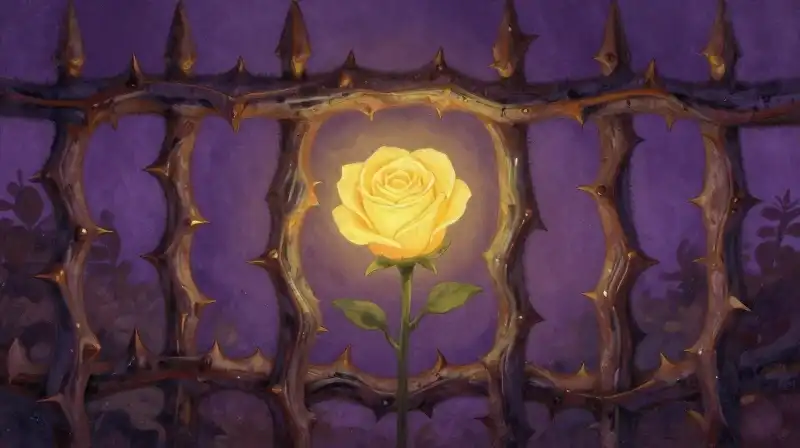 Magical hedge protects a hidden, glowing rose in a whimsical garden