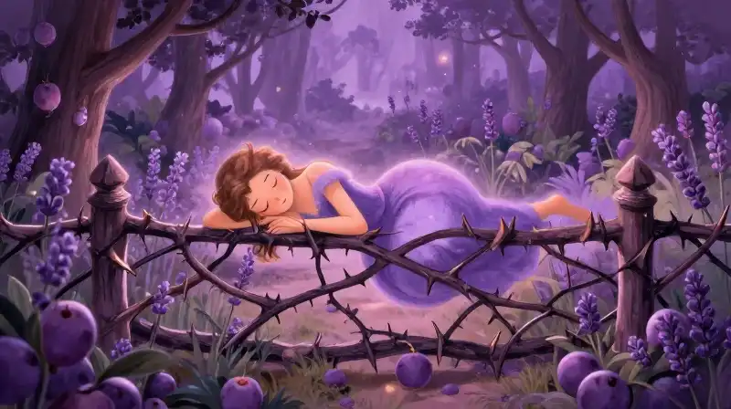 Princess sleeping within a magical thorny barrier, storybook illustration