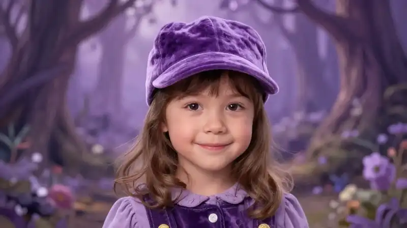 Little girl in a red cap in a whimsical purple enchanted forest