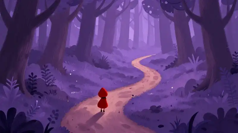 Red cap at two paths in whimsical magical forest