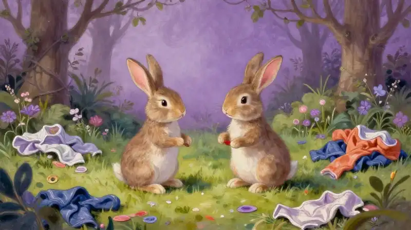 Two bunnies explore a mysterious garden looking for lost clothes