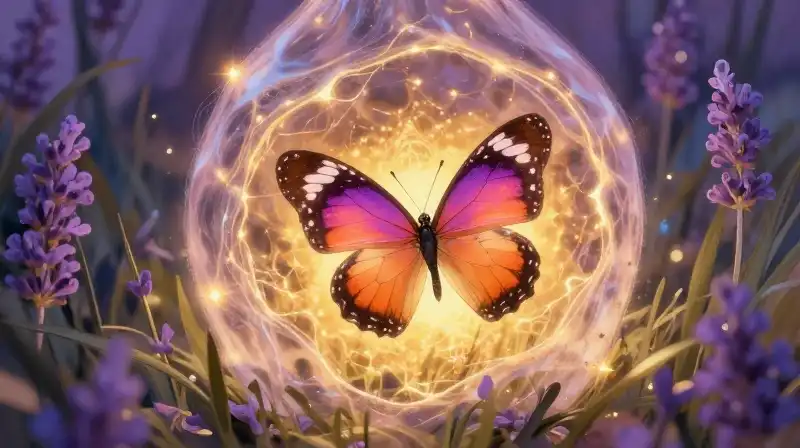 Butterfly emerging from cocoon in magical purple garden