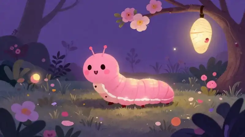 Pink caterpillar realizing self in a magical purple garden