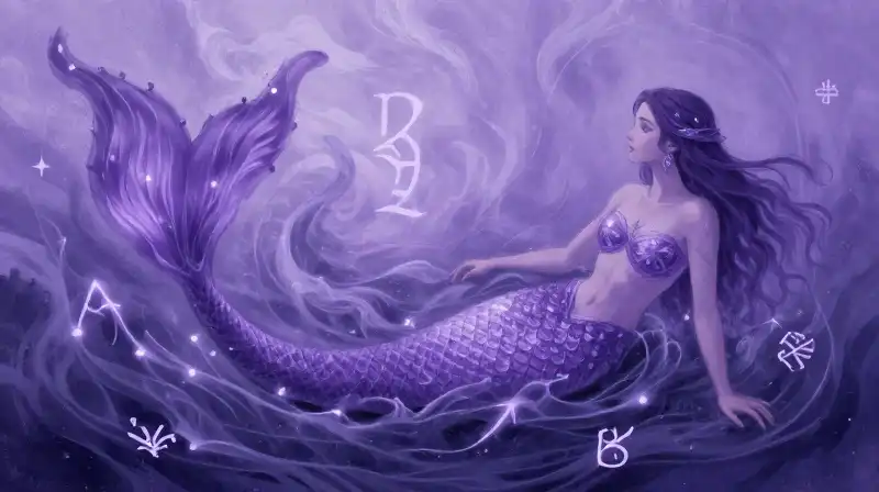 Whimsical mermaid in the mysterious purple ocean depths
