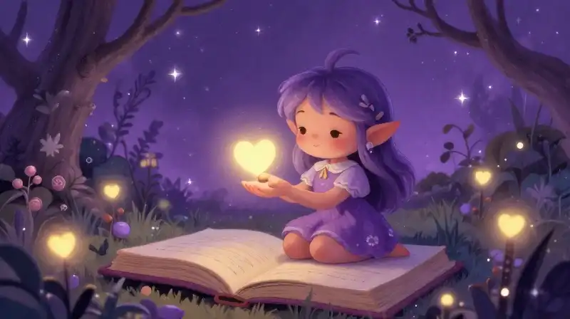 A friendly sprite sharing glowing gifts in a magical purple garden