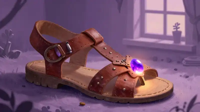Ancient sandal and magical lore seeds in a cozy purple scene