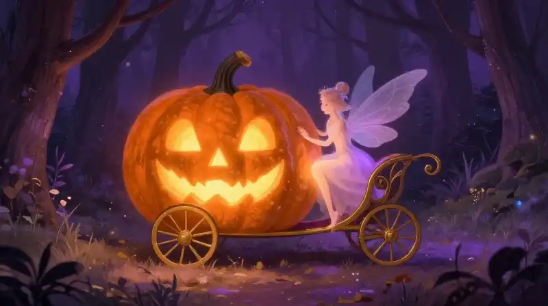Magical pumpkin transforms into an ornate golden coach