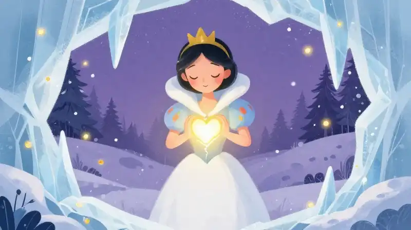 Friendly snow queen and warm heart in magical purple storybook setting