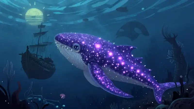 Friendly giant sea creature in magical purple deep water
